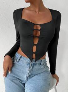 Allurite 女式长袖不对称下摆镂空设计 T 恤 - 黑色 - 查看 4