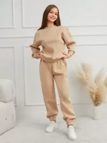 RueChic Teen Girl Drop Shoulder Sweatshirt And Jogger Pants Set - Beige - View 5