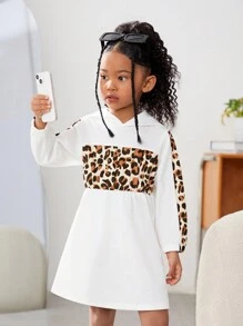SHEIN 小女孩豹紋拼布連帽腰帶連身裙 - 白色 - 查看 6