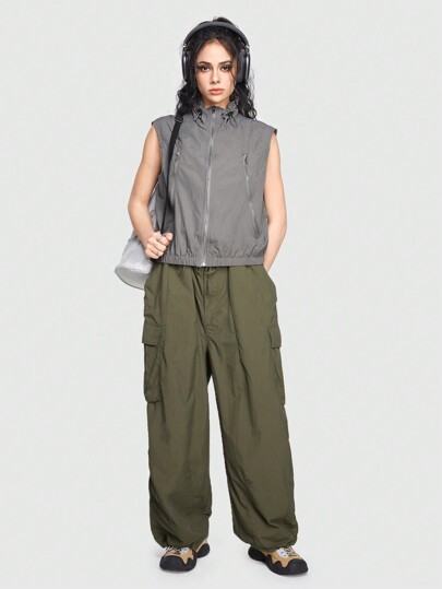 Grunge Punk Veste Sans Manches À Col Montant Et Fermeture À Glissière Avec Cordon De Serrage