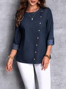 EMERY ROSE 斜插襟丹寧布上衣,捲起袖子的設計