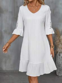 EMERY ROSE Women's Patchwork Lace Hem Ruffle Hem Dress - White - View 3