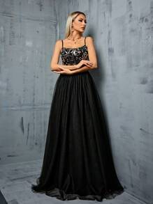 MGIACY Sequined Floral Pattern Net Chiffon Halter Evening Dress - Black - View 1