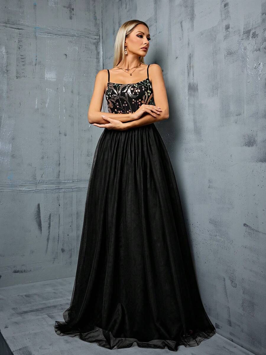 MGIACY Sequined Floral Pattern Net Chiffon Halter Evening Dress - Black - View 1