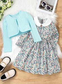 SHEIN Young Girls Country Style Floral Print Peter Pan Collar Dress With Blue Long Sleeve Top 2pcs/Set