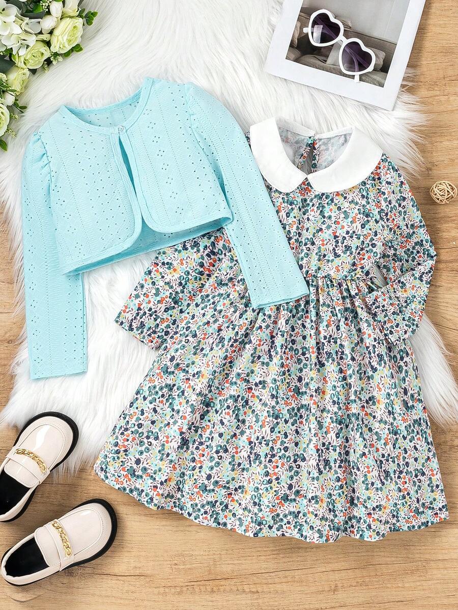 SHEIN Young Girls Country Style Floral Print Peter Pan Collar Dress With Blue Long Sleeve Top 2pcs/Set
