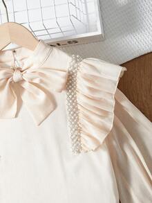 SHEIN 青少年女孩編織純色立領透明網紗襯衫,蕾絲飾邊 - 米色 - 查看 4