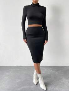 Zolique Mock Neck Crop Tee & Bodycon Skirt - Black - View 5