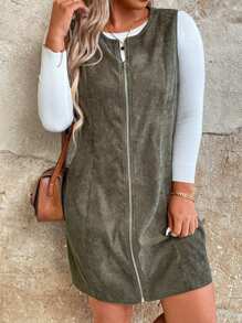 SHEIN LUNE Plus Size Sleeveless Zipper Up Shift Dress - Army Green - View 5
