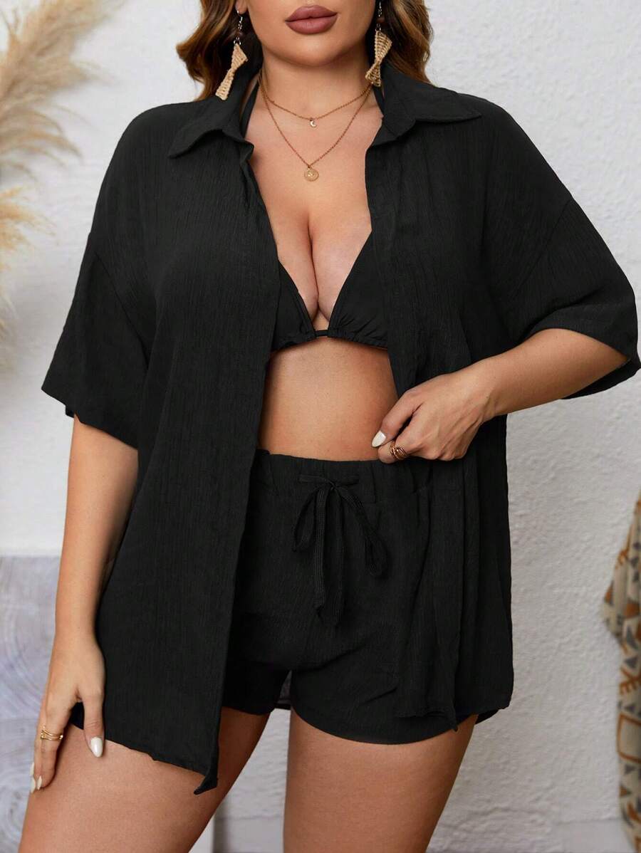 SHEIN Swim Curve Summer Beach Plus Size Drop Shoulder Shirt And Shorts Cover Up Set - Black - View 1