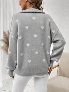 SHEIN LUNE 女士帶心形圖案的半拉鍊毛衣 - 灰色 - 查看 2