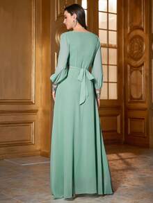 Elegant Floral Embroidery Patchwork Modest Long Sleeve Dress Kaftan Arabian Dress Spring Vacation - Mint Green - View 2