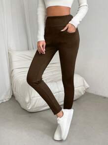 SHEIN Essnce 女士纯色保暖内衬紧身裤 - 咖啡棕 - 查看 5