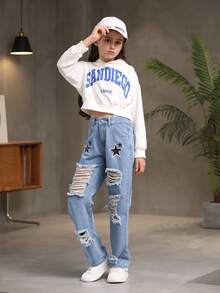 Teen Girls Ripped Jeans With Five-Pointed Star Pattern - Blue - View 3