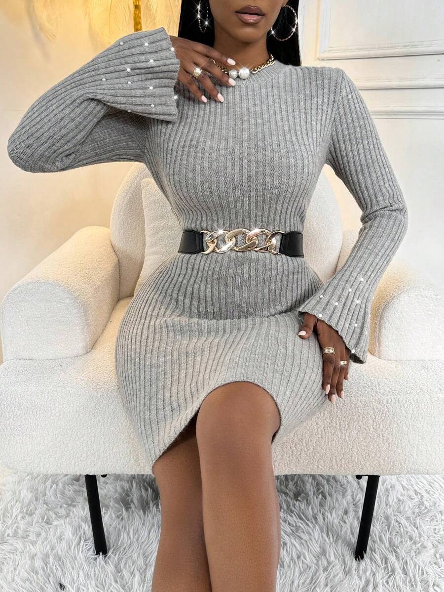 Zolique Pearl Studded Flare Sleeve Sweater Dress Without Belt - Grey - View 1