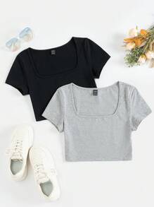 SHEIN EZwear 2 Miếng Màu thuần Cổ vuông Áo thun - Nhiều màu - Xem 1