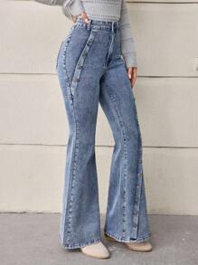 SHEIN LUNE Nút lên Bùng nổ Quần denim - Màu xanh lam - Xem 3