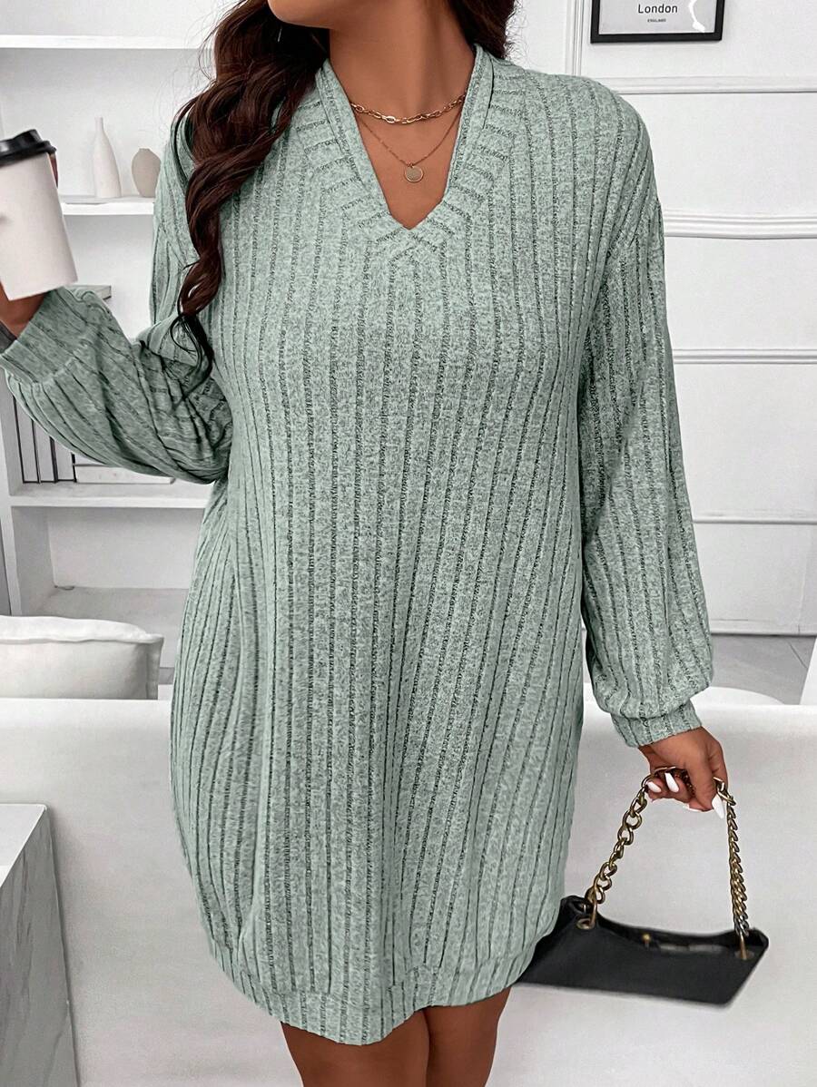 SHEIN LUNE Plus Size Solid Color Ribbed Knit Sweatshirt With Drop Shoulder Graduation,Back To School Outfits,Graduation,Teacher Outfits For Women,Back To School Pullover Fall Outfit Winter Autumn - Green - View 1