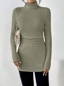 SHEIN Frenchy High Neck Split Hem T-shirt - Green - View 3