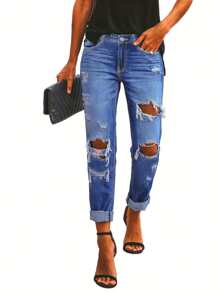 休闲水洗做旧锥形牛仔裤 - 中等水洗藍 - 查看 1