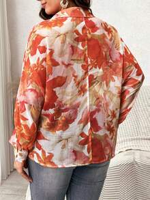 Franclia 女性大碼花卉印花長袖襯衫 - 橘色 - 查看 2
