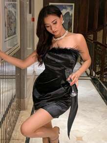 DAZY Women's Patchwork Furry Strapless Dress, Birthday Prom Dress Party Women Club Outfit Homecoming Dresses Sexy Dress Elegant Women Dresses Carnival - Black - View 7