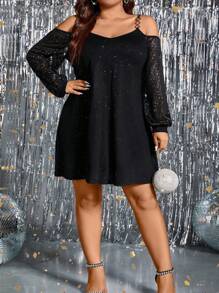 SHEIN LUNE Váy lấp lánh hở vai cỡ lớn - màu đen - Xem 4