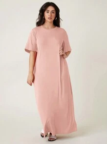 SHEIN BASICS Kích thước lớn Màu thuần Ngắn tay Đầm - Màu Hồng Tươi - Xem 5