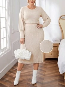 SHEIN Privé Plus Size Women's Pearl Decorated Cropped Top And Skirt Set - Apricot - View 1