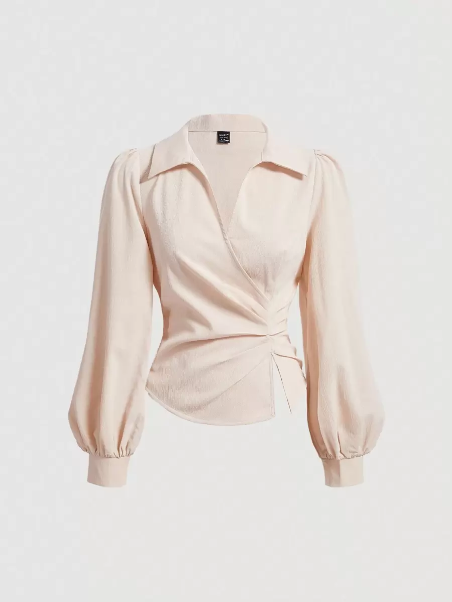 SHEIN MOD Áo cánh cổ chữ V quấn phía trước cho nữ có tay áo lồng đèn, áo dài tay - Màu be - Xem 1