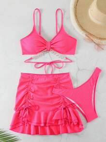 DAZY Tied & Rhinestone Decor Drawstring Solid Color Bikini Set Valentine For Summer Beach Vacation,Ruffle,Tankini Bathing Suit - Hot Pink - View 3