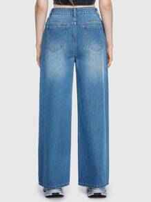 ROMWE Street Life Ladies' Straight-leg Light Blue Star Printed Jeans - Light Wash - View 4