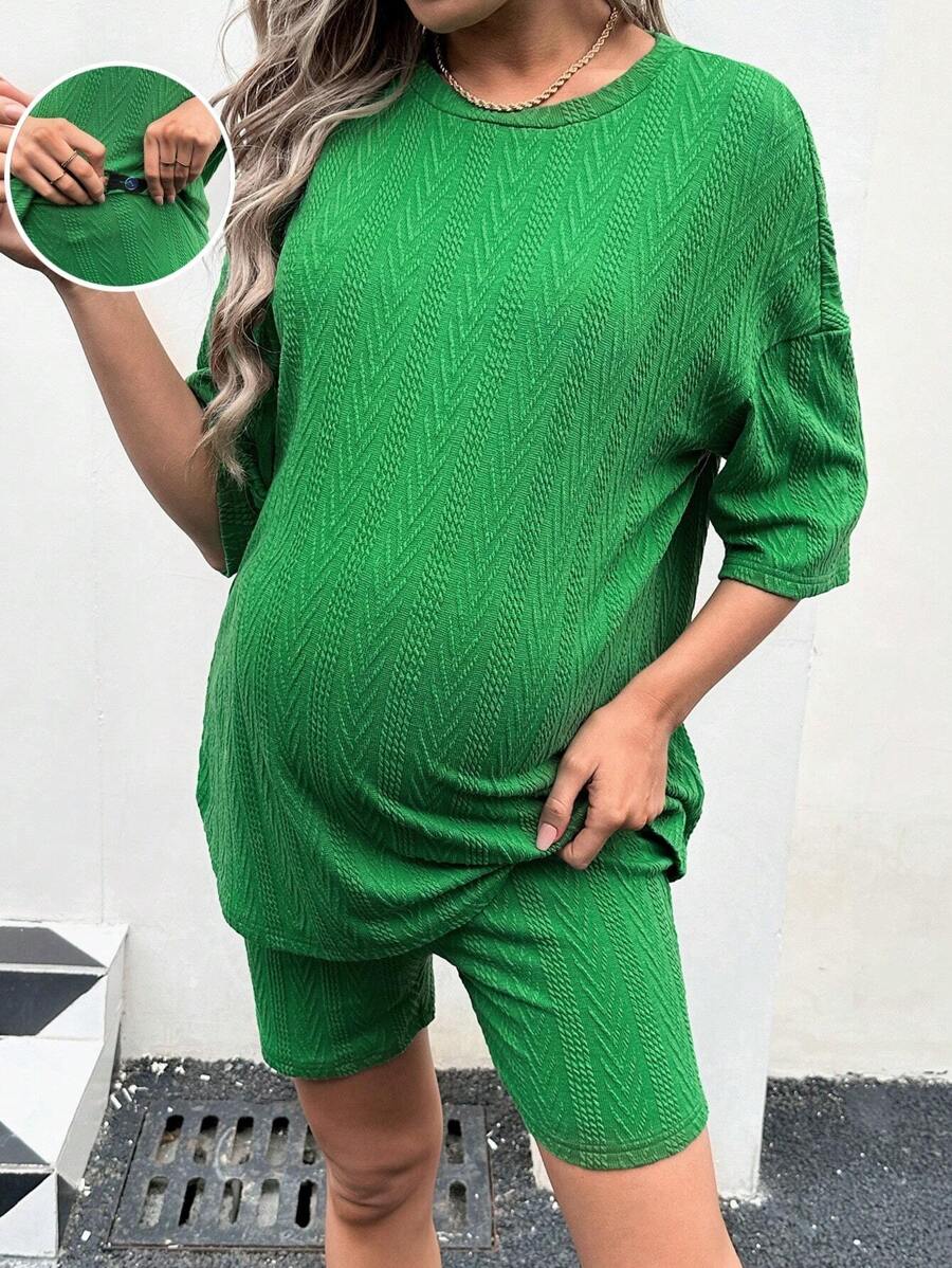 SHEIN Maternity Drop Shoulder T-shirt And Basic Shorts Set - Green - View 1