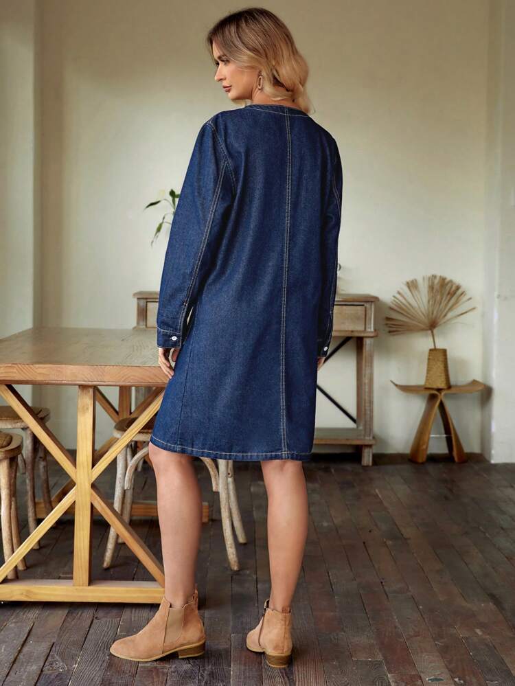 Contrast Topstitch Edge & Double Pocket Denim Dress