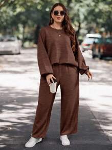 SHEIN LUNE Kích thước lớn Màu thuần Thả vai Tay áo Hoodie Và Quần Bộ - Cà phê nâu - Xem 5