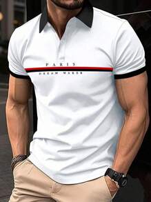 Manfinity Homme Men Plus Size Contrast Text Print Short Sleeve Polo Shirt Color Block Black White Work Casual Polo Shirt - White - View 1