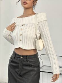 Lunelith SHEIN Lunessa Solid Color Button Decoration Cropped Sweater Knit Pullover Fall Winter Outfit