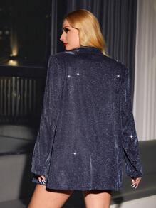 SHEIN Privé Plus Size Slim Fit Blazer With A Shiny Button - Teal Blue - View 2