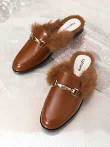 棕色金屬扣毛皮平底拖鞋 / 棕色毛皮平底半拖鞋