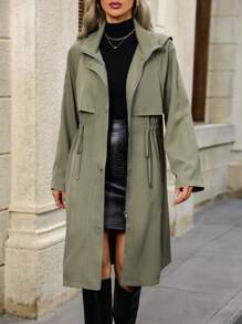 SHEIN Frenchy 女用抽繩腰部拉鍊前連帽風衣 - 軍綠色 - 查看 5