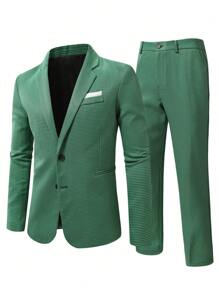 SHEIN Manfinity Mode Men's Single-breasted Suit Jacket With Lapel Collar And Suit Pants - Green - View 6