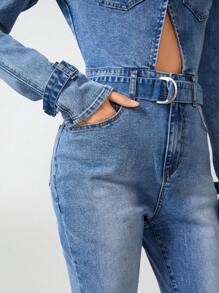 Samanta X Cold Shoulder Pocket Patched Ripped Denim Jumpsuit