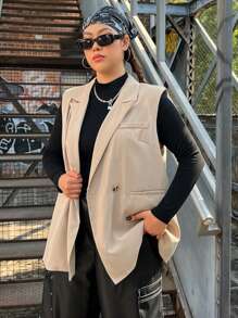 SHEIN EZwear Plus Lapel Neck Double Button Vest Blazer - Khaki - View 4