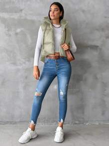 EURMUSE 女款純色連帽背心服 - 白色 - 查看 3