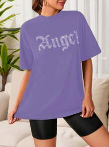 SHEIN Cottnline Rhinestone Letter Decorated Short Sleeve T-shirt - Purple - View 4