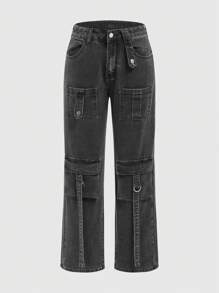 ROMWE Grunge Punk Flip Pocket Straight Cut Cargo Jeans - Dark Grey - View 1