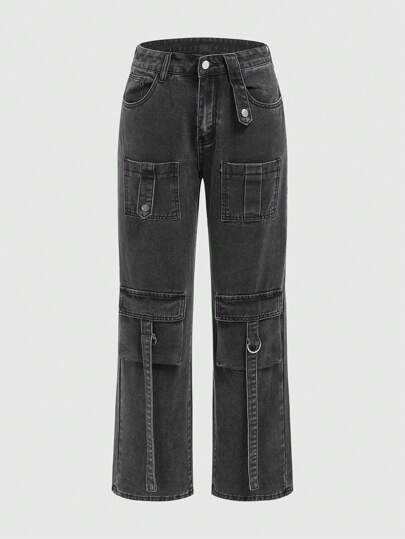 Grunge Punk Jean Cargo Coupe Droite Avec Poche Rabattable