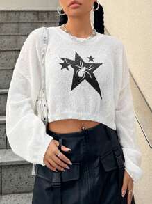 SHEIN EZwear Loose Fit Star And Spider Pattern Drop Shoulder Knitted Sweater - White - View 1