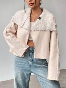 SHEIN Unity Lông dê con Lót Áo khoác Với Vá lại Thiết kế - Màu be - Xem 3