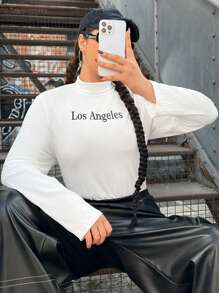 SHEIN EZwear Große Größe T-Shirt mit Buchstaben Grafik, Rollkragen - Weiss - Übersicht 1